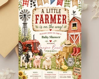 Einladung zur Babyparty „Kleiner Bauer“, bearbeitbare Canva-Vorlage, Bauernhof-Traktor-Thema (Digitaler Download)
