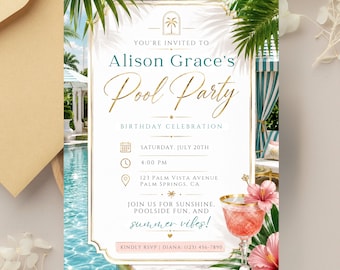 Elegante Einladung zur Poolparty, tropischer Sommergeburtstag, schicke Canva-Einladung (digitaler Download)