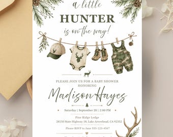 Einladung zur Babyparty „Kleiner Jäger“, Waldtarnmuster (Digitaler Download)