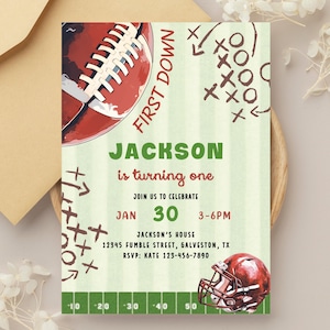Football 1st Birthday Invitation Ticket Stub, First Year Down, Game On Football Invite, Boys birthday Invite Template Sports Birthday Rookie