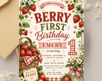 Einladung zum ersten Geburtstag mit Beerenmotiv, Aquarell-Erdbeeren, Vintage-Picknickparty (Digitaler Download)