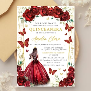 Bearbeitbare rote Quinceamaßa-Einladungsvorlage, Mis Quince-Einladung, 15. Geburtstag einladen, digitaler Download, Canva-Vorlage, A6