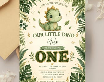 Einladung zum 1. Geburtstag mit Dinosaurier-Motiv, Dschungel-Thema, bearbeitbare Canva-Vorlage (digitaler Download)
