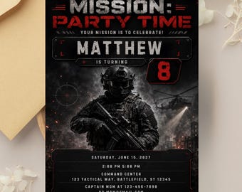 Einladung zum Geburtstag mit taktischer Mission, Armee-Kampfparty, bearbeitbare Canva-Vorlage (digitaler Download)