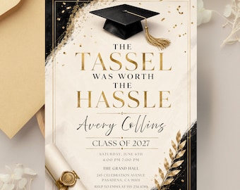 Einladung zur Abschlussfeier, Schwarz-goldene Einladung zur Abschlussfeier, Jahrgang 2027, Bearbeitbare Canva-Vorlage