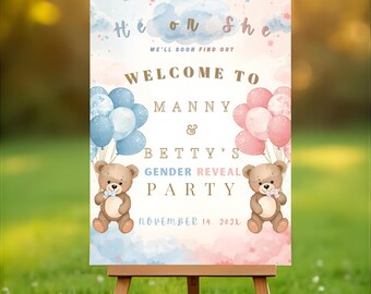 Teddy Bear Gender Reveal Welcome Sign | Pink & Blue Balloons (Instant Download)