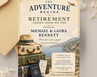 Einladung zur Reise-Ruhestandsfeier im Vintage-Stil, Einladung zur „Abenteuer beginnt“-Party (Digitaler Download)