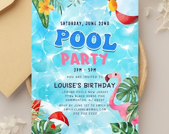 Neon Pool Party Invitation: Editable Canva Template (5x7 inch Digital Download