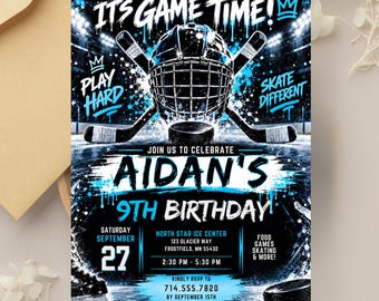 Hockey Birthday Invitation, Game Time Ice Rink Party Invite (Editable Canva)