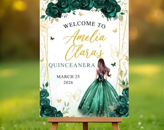 Emerald Green Quinceañera Welcome Sign | Gold Script (Canva Template)