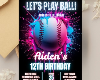 May include: A baseball-themed birthday invitation with a black background. The invitation features a baseball with pink and blue accents, and the text "LET'S PLAY BALL!" and "JOIN US TO CELEBRATE". It also includes the name "Aiden's" and "12TH BIRTHDAY".