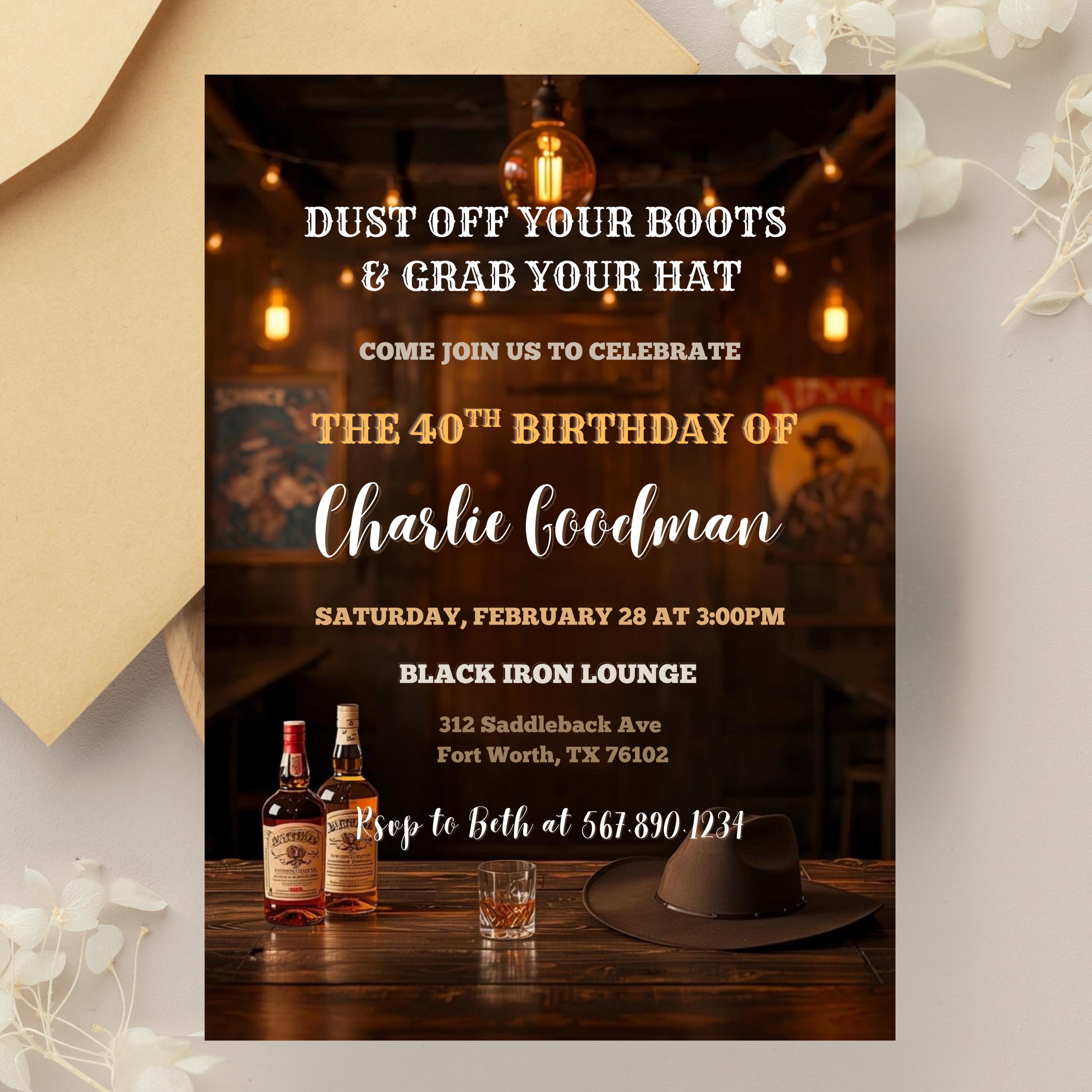 Sloon Inviation Rustic Cowboy 40th Birthday Invitation | Saloon Whiskey Theme (digital ...