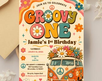 Groovy Geburtstagseinladung, Retro 70er Flower Power Canva-Vorlage (Digitaler Download)