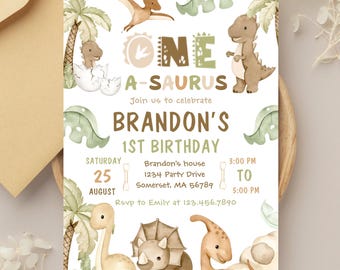 Editable Dinosaur Birthday Invitation Template: One-A-Saurus (5x7 in) (Digital Download)