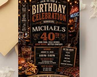 Einladung zum 40. Geburtstag, Vorlage für eine rustikale Steakhouse-Party mit Live-Musik (Digitaler Download)