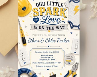 Einladung zur Babyparty „Unser kleiner Funke“, Einladung für ein Elektrikerpaar (Digitaler Download)