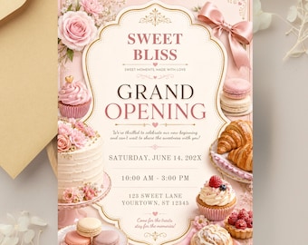 Einladung zur Eröffnung einer Bäckerei, Vorlage für eine Party im rosa Süßwarenladen (bearbeitbare Canva-Datei)