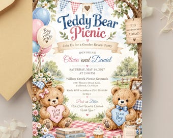 May include: A gender reveal party invitation featuring two teddy bears on a picnic blanket. The text reads Teddy Bear Picnic, Join Us for a Gender Reveal Party, honoring Olivia and Daniel, Saturday, May 14, 2027, at 2:00 PM, Willow Creek Picnic Grounds.