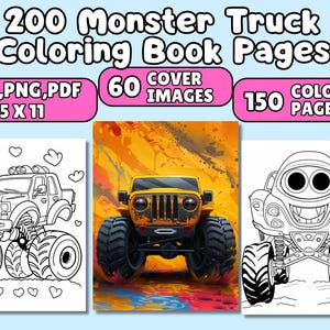 200 Monster Trucks Coloring sheets, Children Sheets Activities for Kids - Digital Download Coloring