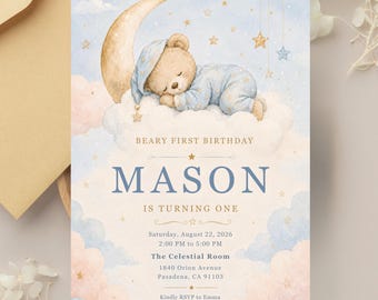 Personalisierbare Einladung zum ersten Geburtstag mit Teddybärmotiv, Aquarell-Einladung mit Mond, Sternen und Wolken