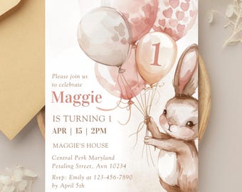 Boho Bunny First Birthday Invitation Template: Editable Canva Design (5x7 inches)