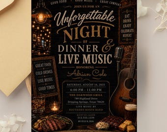 Rustikale Geburtstagseinladung mit Abendessen und Live-Musik (Digitale Vorlage)
