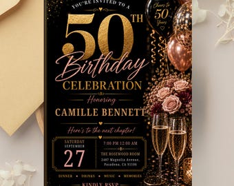 Elegante Einladung zum 50. Geburtstag, Schwarz-Gold-Roségold-Canva-Vorlage (Digitaler Download)