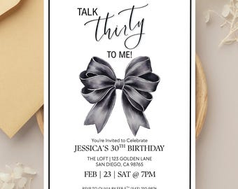 Black Bow 30th Birthday Invitation: Elegant Canva Template (Editable)