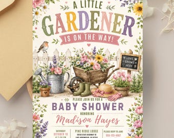 Einladung zur Babyparty mit Blumengarten-Thema, Motiv: Kleiner Gärtner, bearbeitbare Canva-Einladung (digitaler Download)