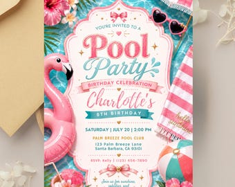 Rosa Coquette Pool-Party Einladung, Sommer-Schwimmen-Geburtstag, bearbeitbare Canva-Vorlage (digitaler Download)