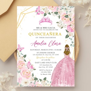 Blush Pink and Gold Quinceañera Digital Invitation, EDITABLE 15th Birthday Party Mobile Invite, Pastel Mis Quince Anos Text Template, Q092