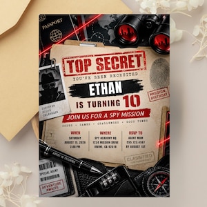 Op de afbeelding: Een verjaardagsuitnodiging in spionagethema met de tekst TOP SECRET, ETHAN IS TURNING 10 en JOIN US FOR A SPY MISSION. Het ontwerp bevat een vingerafdruk, een verrekijker, een paspoort, een kompas en een zwarte pen op een getextureerde achtergrond.