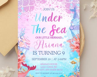 Under the Sea Mermaid Birthday Invitation | Editable Canva Template | Ocean Party Invite | Girl Birthday Printable