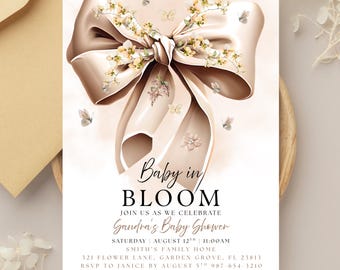 Modello di invito Baby in Bloom / Invito modificabile per baby shower con fiocco neutro Canva
