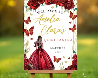 Letrero de bienvenida para quinceañera con rosa roja / Letra dorada editable (Plantilla de Canvas)