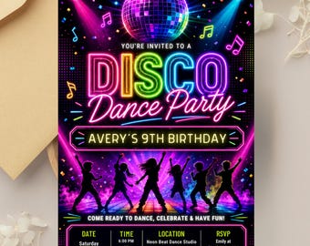 Einladung zur Neon-Disco-Tanzparty, bearbeitbare Canva-Vorlage (digitale Einladung)