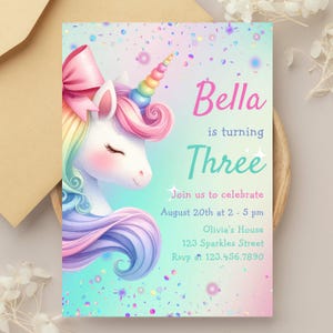 3rd Birthday Invite Unicorn Young Wild and Three Girls Party Invitations Printable Pastel Rainbow Decoration Editable Digital Download P179