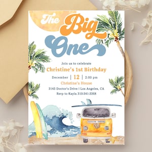 Editable Boy The Big One Surfing 1st Birthday Party Invitation Retro Boy Surf Van Surfboard Beach Party Invite Instant Download 661K3 (6)