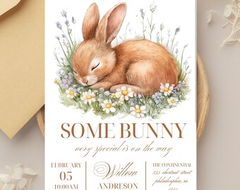 Bunny Birthday Invitation: Pink & Gold Floral Design (Canva Template, 5x7 in, Digital Download