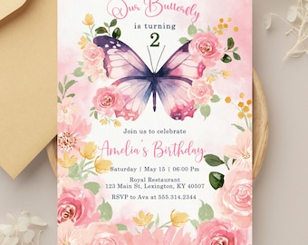 Faire-part d'anniversaire papillon arc-en-ciel : modèle de jardin floral modifiable (téléchargement numérique)