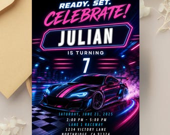 Neon-Rennwagen-Geburtstagseinladung, bearbeitbare Canva-Vorlage (Digitaler Download)