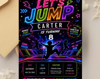 Neon-Trampolinpark-Geburtstagseinladung, Einladung zur „Let's Jump“-Party (Digitaler Download)