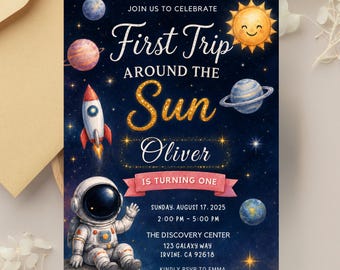 Einladung zur ersten Reise um die Sonne, Weltraum-Geburtstagseinladung zum 1. Geburtstag, Astronautenparty, bearbeitbare Canva-Vorlage