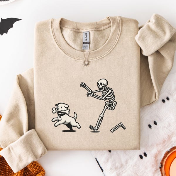 Funny Skeleton Dog Chase Sweatshirt: Retro Cartoon Halloween Hoodie S-2XL