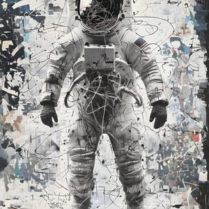 May include: Abstract artwork of an astronaut in a white spacesuit, set against a backdrop of black and white splatters and abstract shapes. The astronaut's helmet reflects a distorted image. The artwork has a modern, artistic feel.