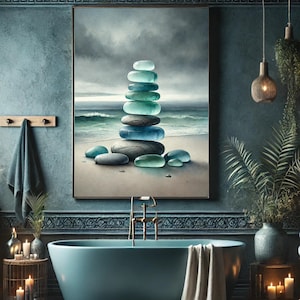 Zen Stacked Sea Glass Art, Calming Stacked Stones Print, Meditation Decor for Spa & Yoga Studio, Mindfulness Stacked Beach Glass Artwork