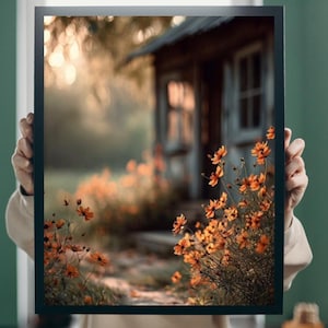 Rustic Farmhouse Wildflower Art Print, Autumn Country Wall Decor, Vintage Barn Canvas, Nature Landscape Poster, Cozy Rural Cottage Artwork