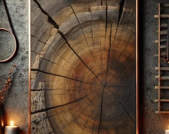 May include: A rectangular wall art piece featuring a high-resolution print of a tree trunk cross-section. The image displays dark brown and tan concentric growth rings with deep, radiating cracks and textured bark edges, encased in a thin copper frame.