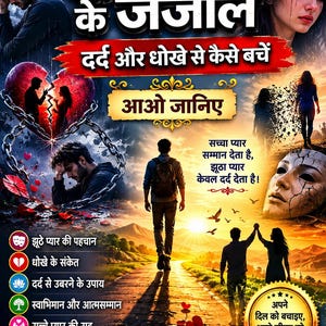 Può includere: Una copertina di libro intitolata Jhoothe Pyaar Ke Janjaal con una figura centrale che cammina su un sentiero verso il tramonto. Il design include una persona che piange, un cuore spezzato con catene, una maschera incrinata e testo in hindi.