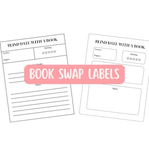 Könnte beinhalten: Zwei weiße Papieretiketten mit dem Text "BLIND DATE WITH A BOOK" oben. Jedes Etikett hat Abschnitte für Genre, Seiten und Bewertung. Ein rosa Banner über den Etiketten lautet "BOOK SWAP LABELS".